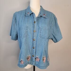 Denim American Flag Embroidered Top XL Granny 4th July Patriotic Casual Artsy